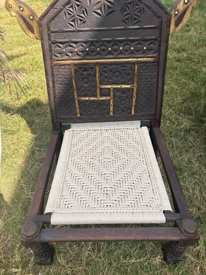 Hand-Carved Teak Tribal Pida Chair: Indian Rajasthan Low Seating