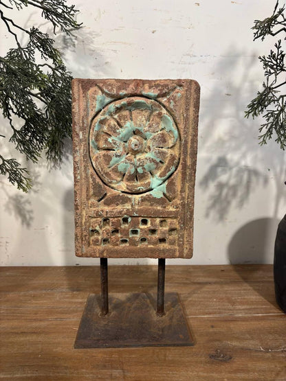 Handcrafted Stone Shrine Decor with Iron Stand: Spiritual Home Accent