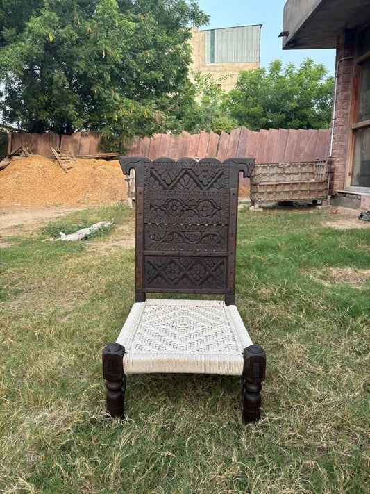 Hand-Carved Teak Low Chair: Rajasthan Tribal Pida with Cotton Rope