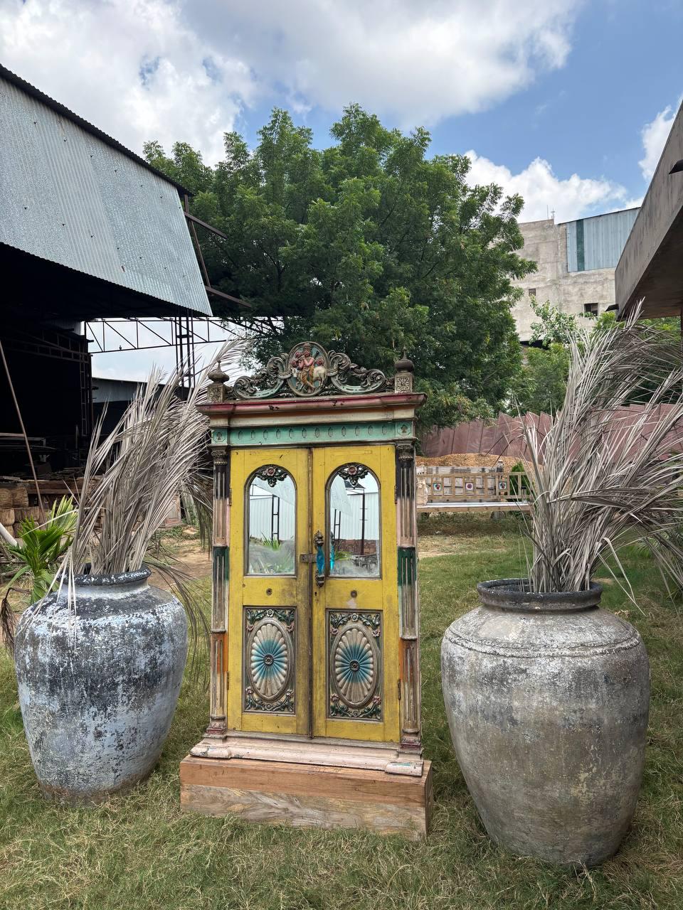 Antique Carved Wood Window: French Colonial Sunflower Panel, Original Glass