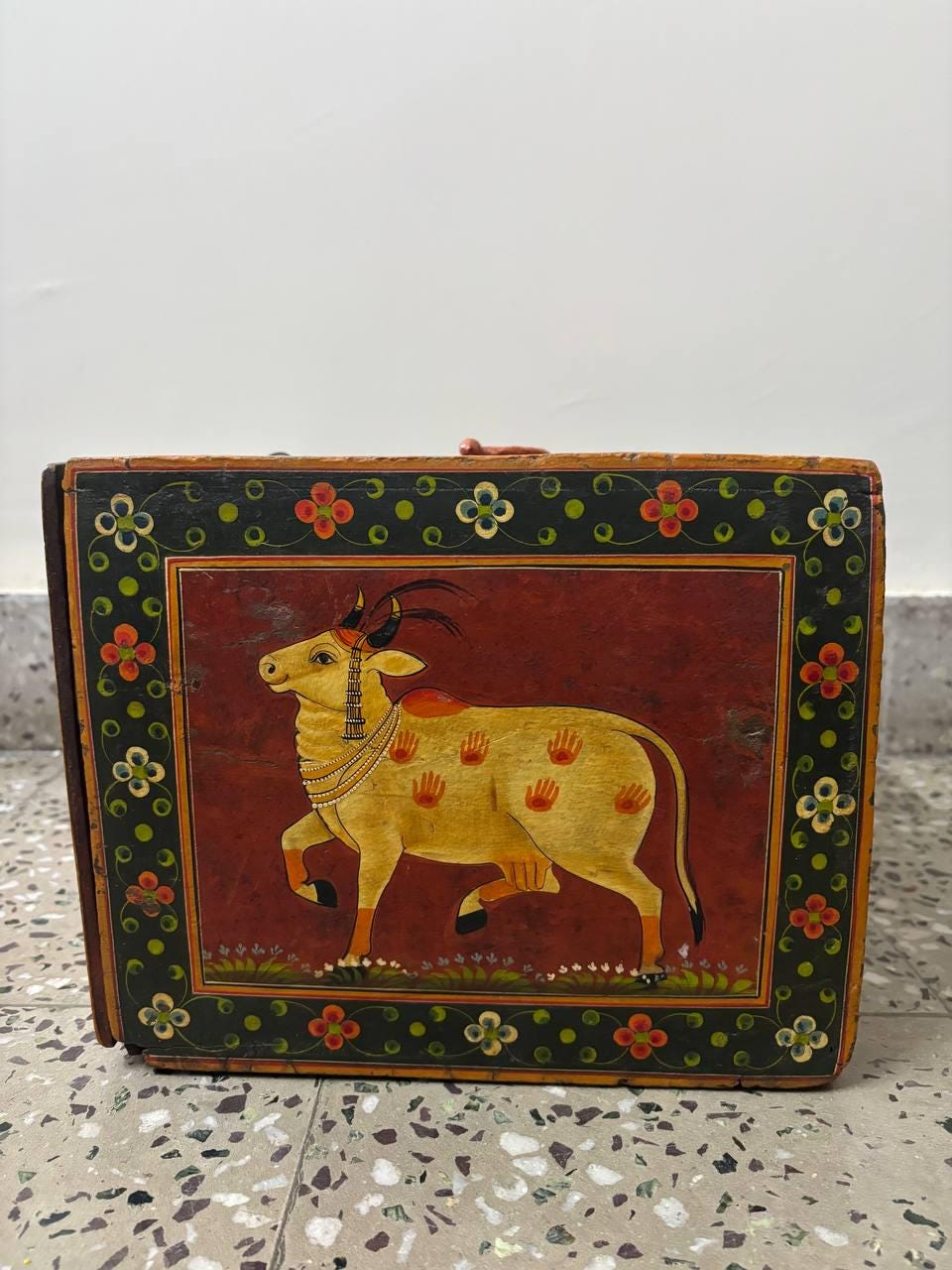 Hand-Painted Wooden Storage Box | Vintage Rajasthani Elephant Art Trunk