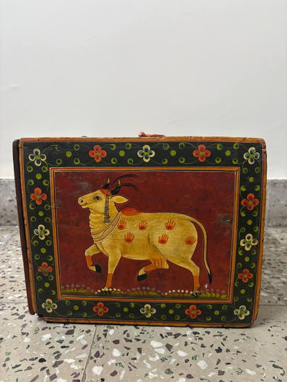 Hand-Painted Wooden Storage Box | Vintage Rajasthani Elephant Art Trunk