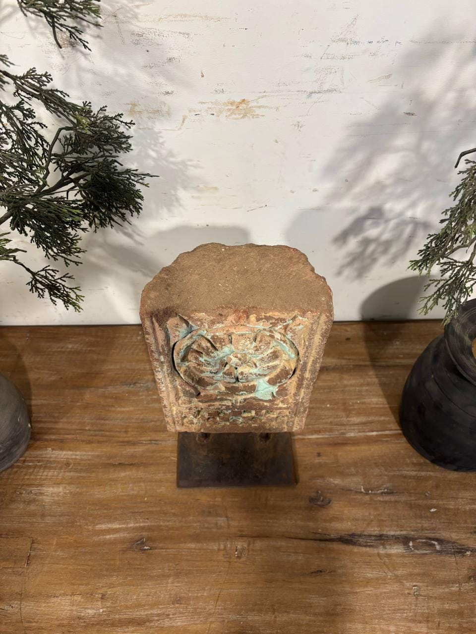 Handcrafted Stone Shrine Decor with Iron Stand: Spiritual Home Accent