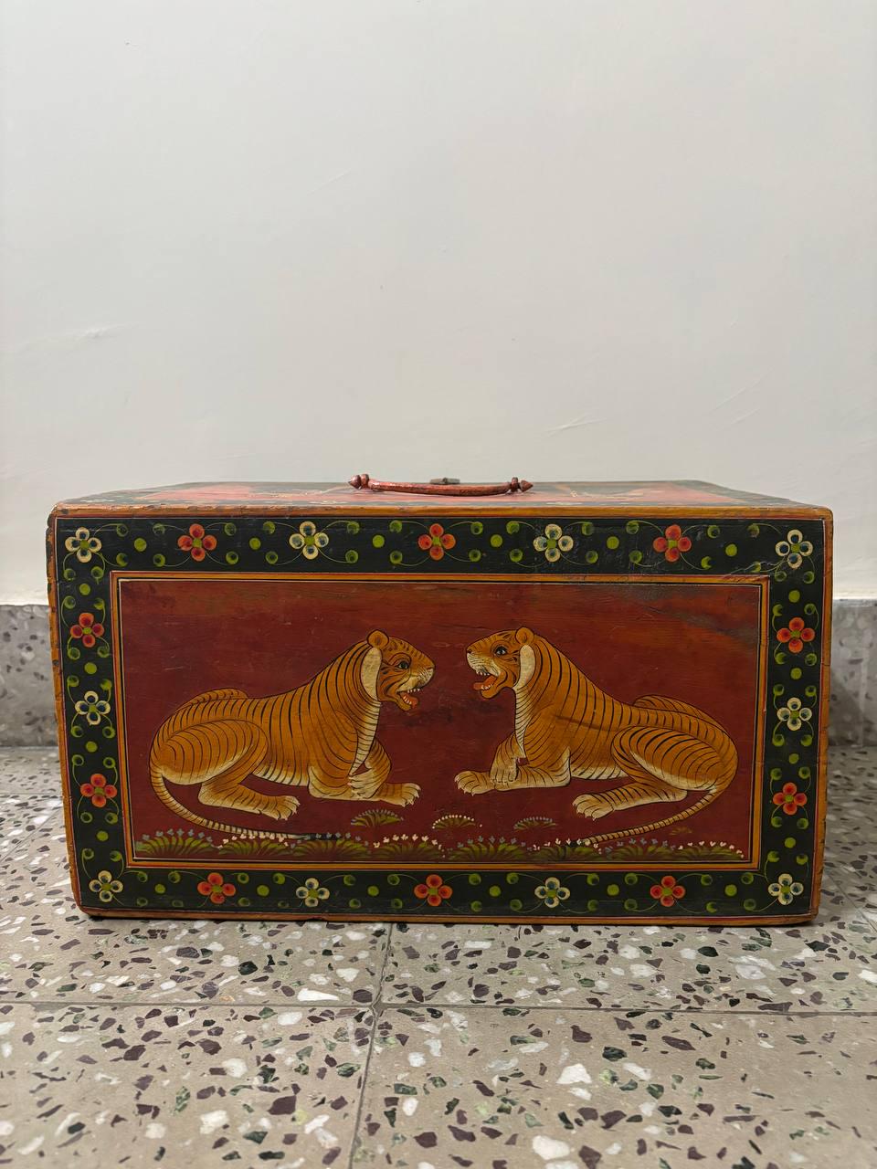 Hand-Painted Wooden Storage Box | Vintage Rajasthani Elephant Art Trunk
