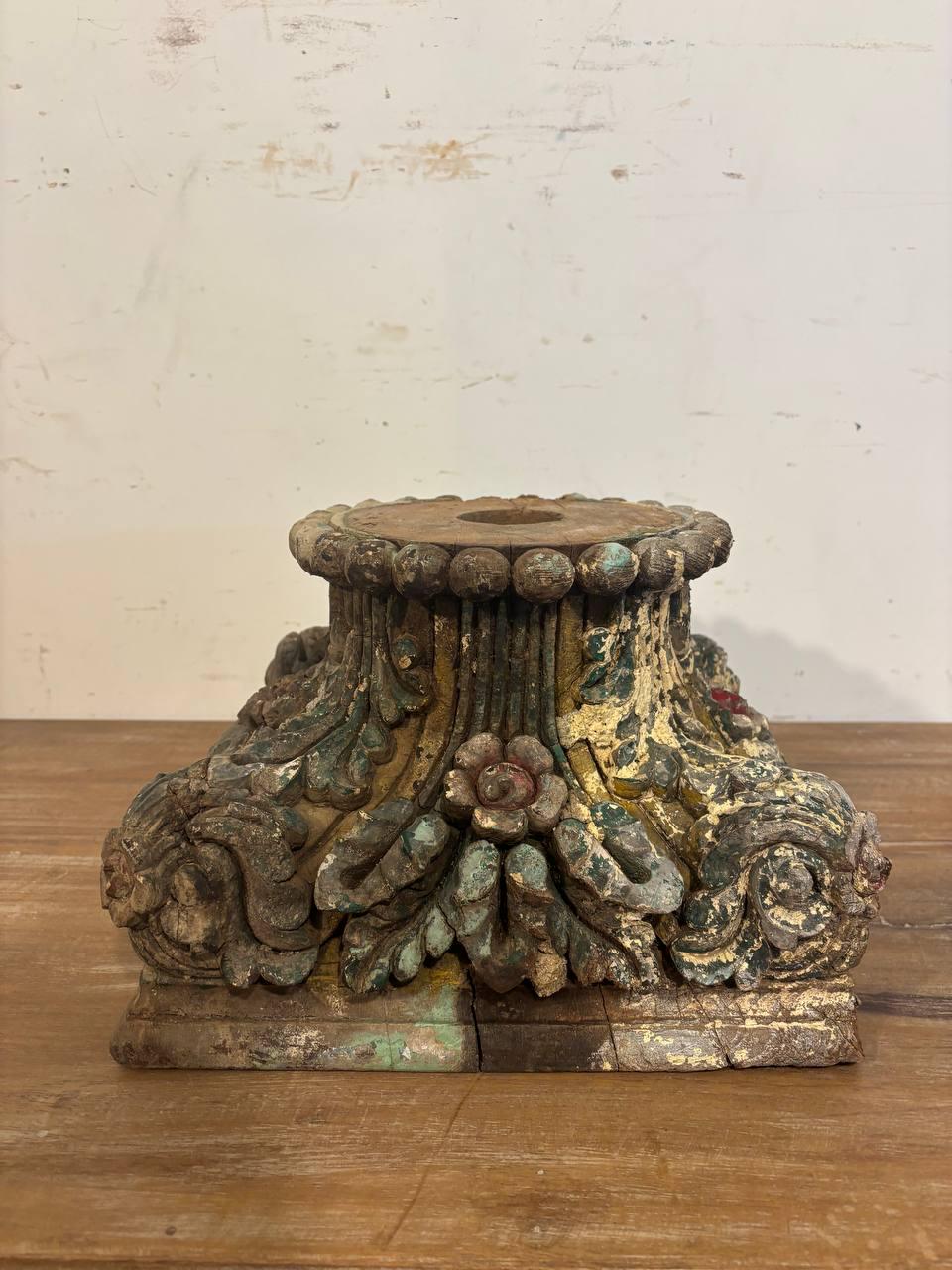 Antique Hand-Carved Wooden Column Base: French Colonial Garden Stool Candle Stands