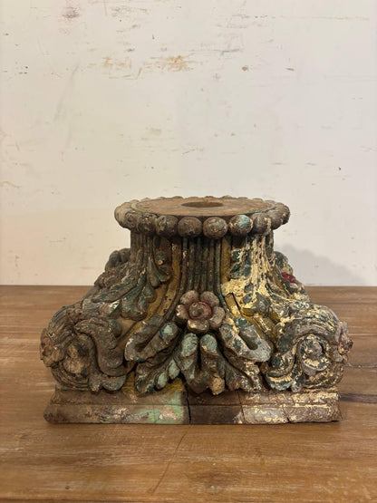 Antique Hand-Carved Wooden Column Base: French Colonial Garden Stool Candle Stands