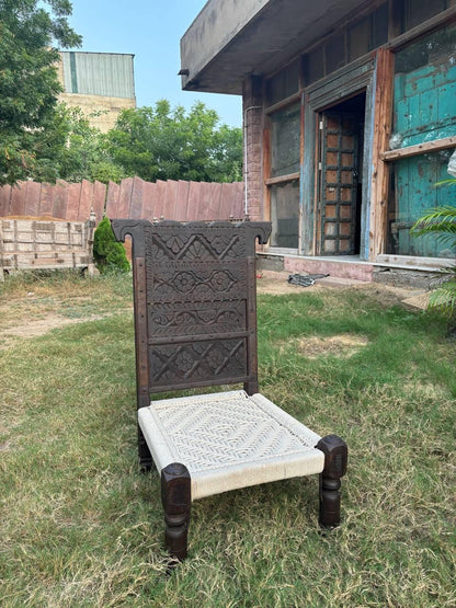 Hand-Carved Teak Low Chair: Rajasthan Tribal Pida with Cotton Rope