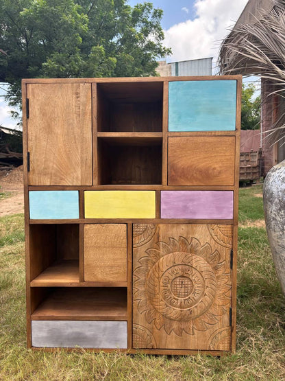 Handcrafted Wooden Storage Cabinet: Eclectic Patchwork Boho Sideboard