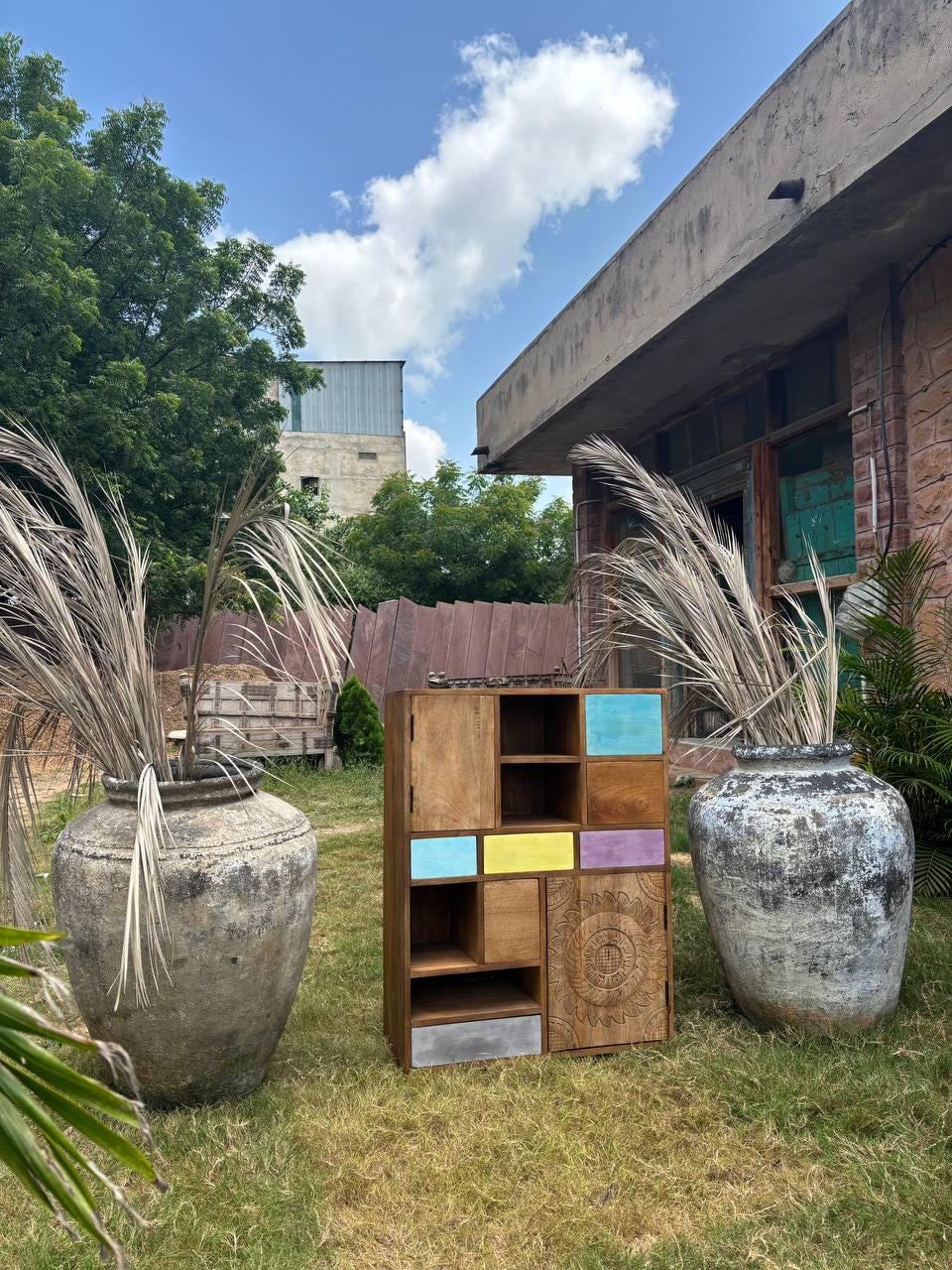 Handcrafted Wooden Storage Cabinet: Eclectic Patchwork Boho Sideboard
