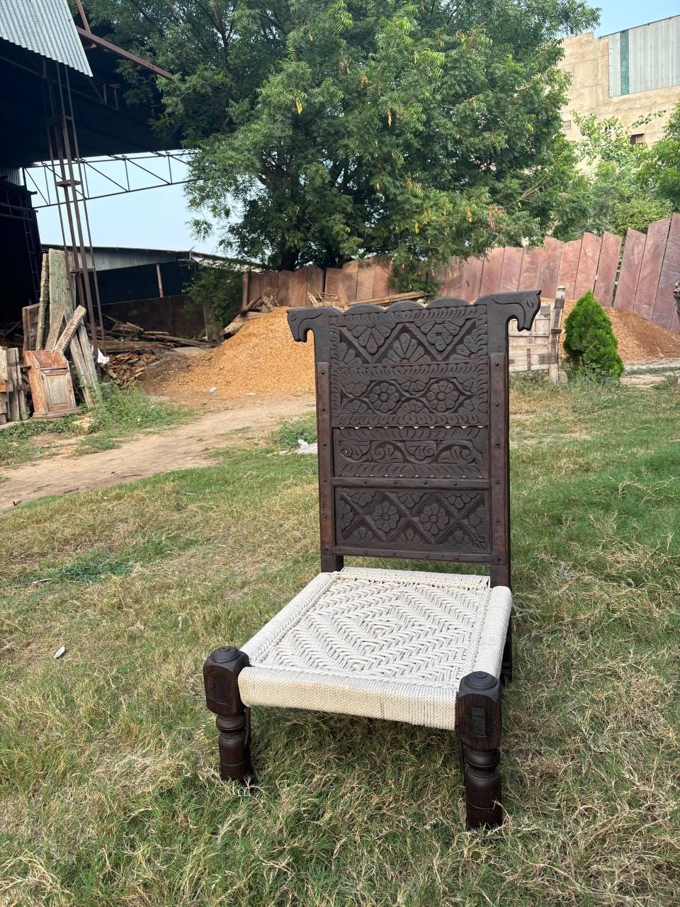 Hand-Carved Teak Low Chair: Rajasthan Tribal Pida with Cotton Rope
