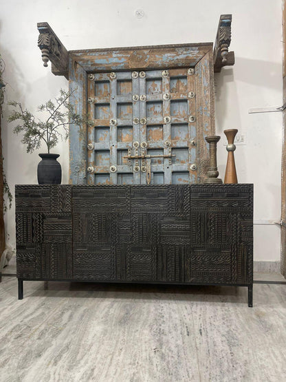Modern Tabwa Carved Mango Wood Sideboard – Handcrafted Wooden Storage Cabinet with Intricate Geometric Detailing