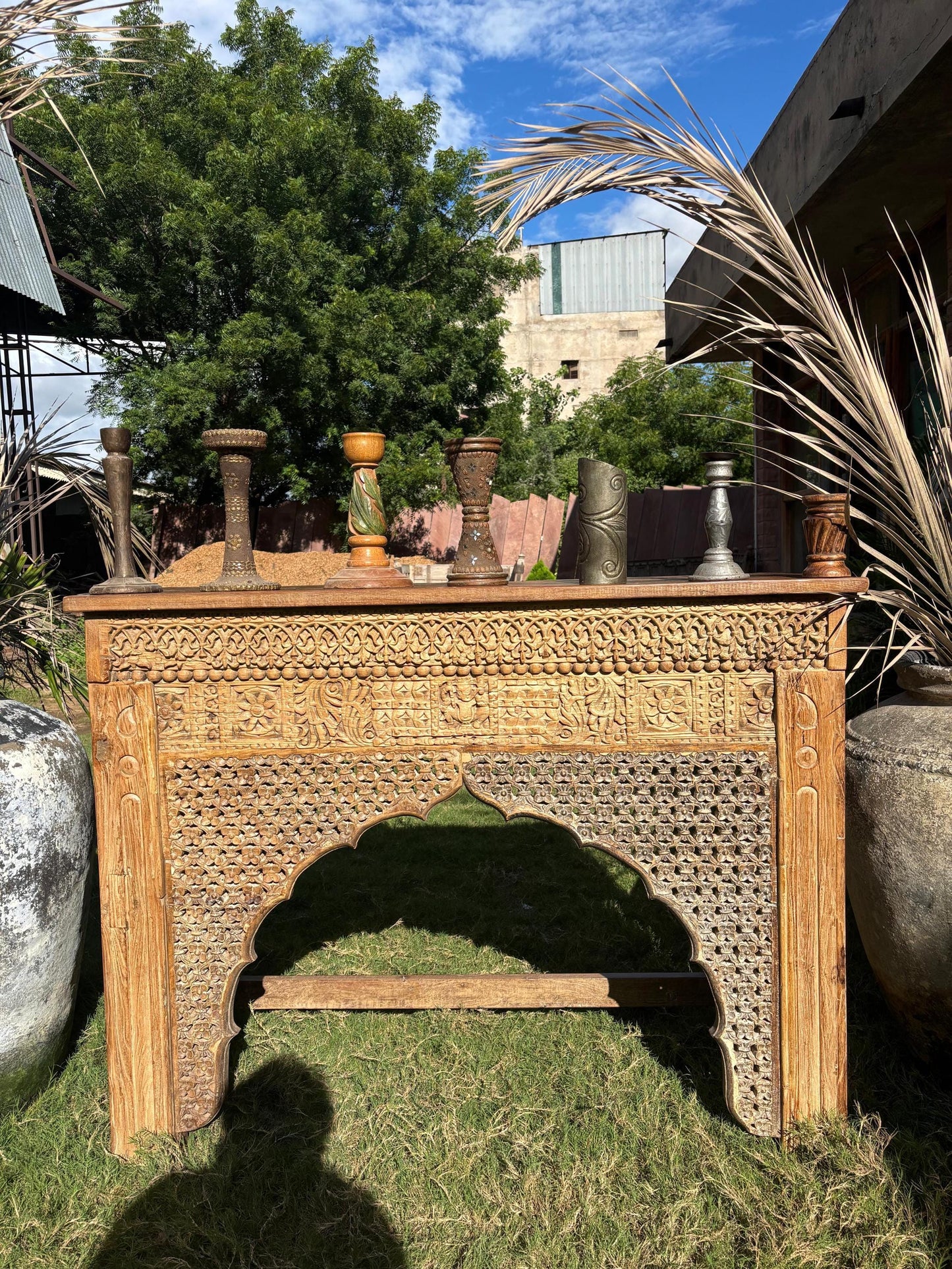 Handcarved Indian Console Table: Rustic Boho Entryway Decor