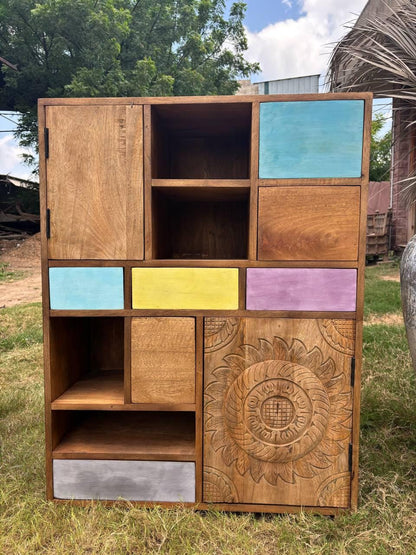 Handcrafted Wooden Storage Cabinet: Eclectic Patchwork Boho Sideboard