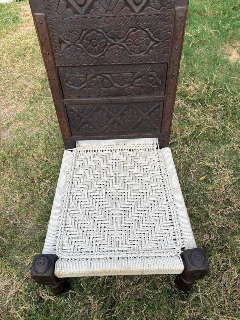 Hand-Carved Teak Low Chair: Rajasthan Tribal Pida with Cotton Rope