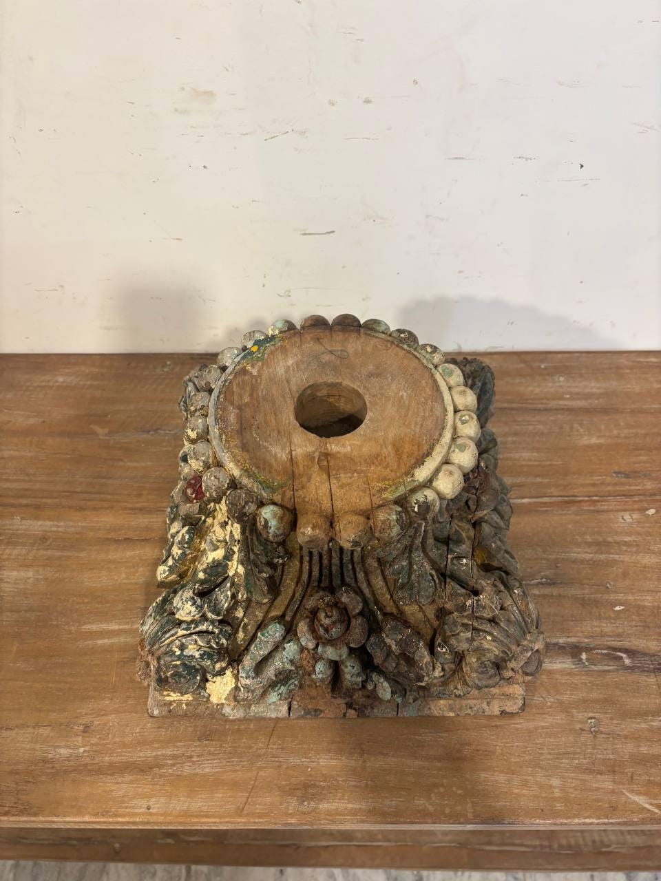 Antique Hand-Carved Wooden Column Base: French Colonial Garden Stool Candle Stands