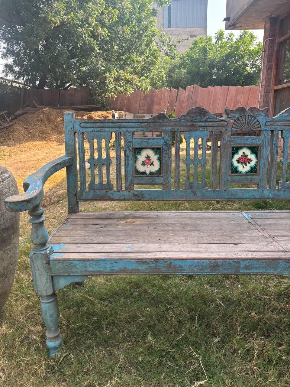 Vintage Hand-Carved Wooden Bench – Rustic Indian Garden Seating