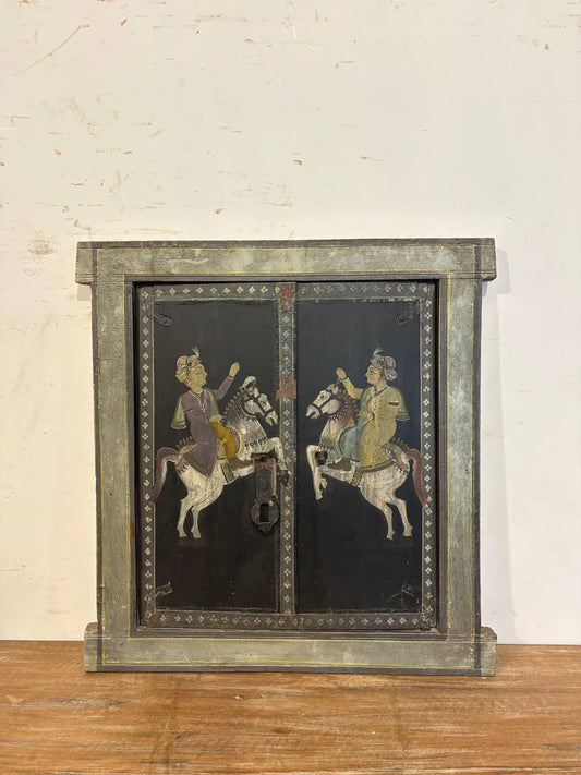 Vintage Mughal Horse Rider Wall Decor Window Panel | Hand-Painted Rustic Decor
