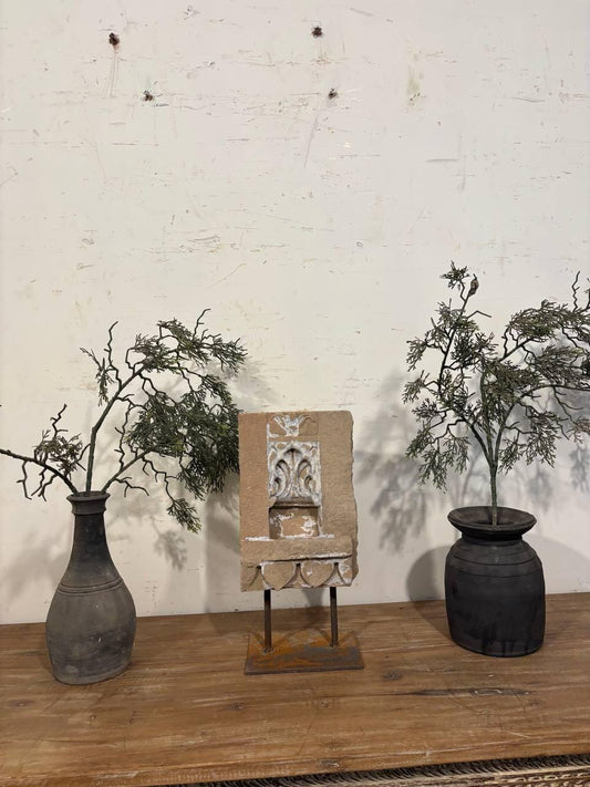 Antique Stone Alcove on Iron Stand: Carved Indian Aala Diya Holder