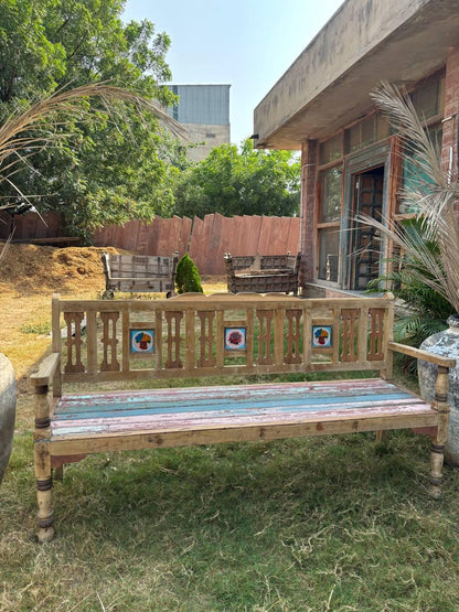Handcrafted Wooden Garden Bench – Rustic Carved Indian Seating