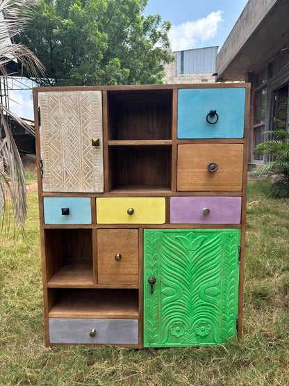 Handcrafted Wooden Storage Cabinet: Eclectic Patchwork Boho Organizer