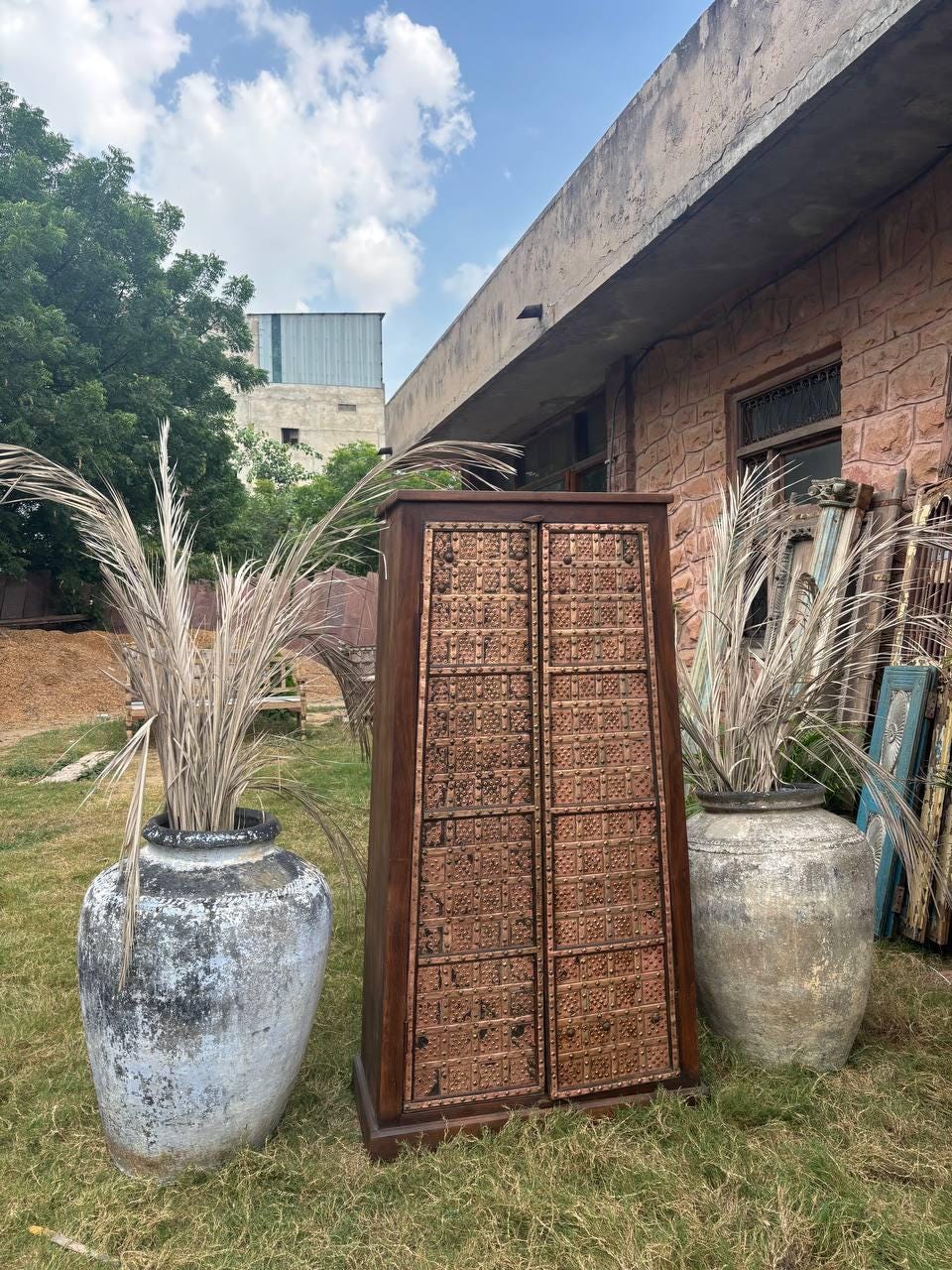Handcrafted Wooden Almirah – Antique Indian Brass Embossed Wardrobe