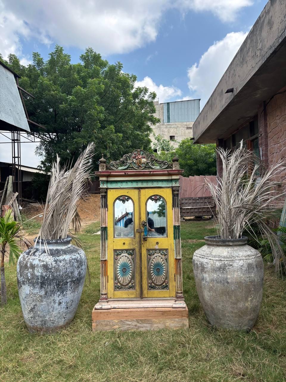 Antique Carved Wood Window: French Colonial Sunflower Panel, Original Glass