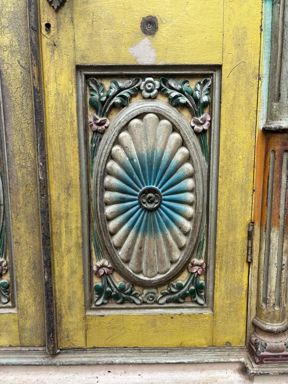 Antique Carved Wood Window: French Colonial Sunflower Panel, Original Glass