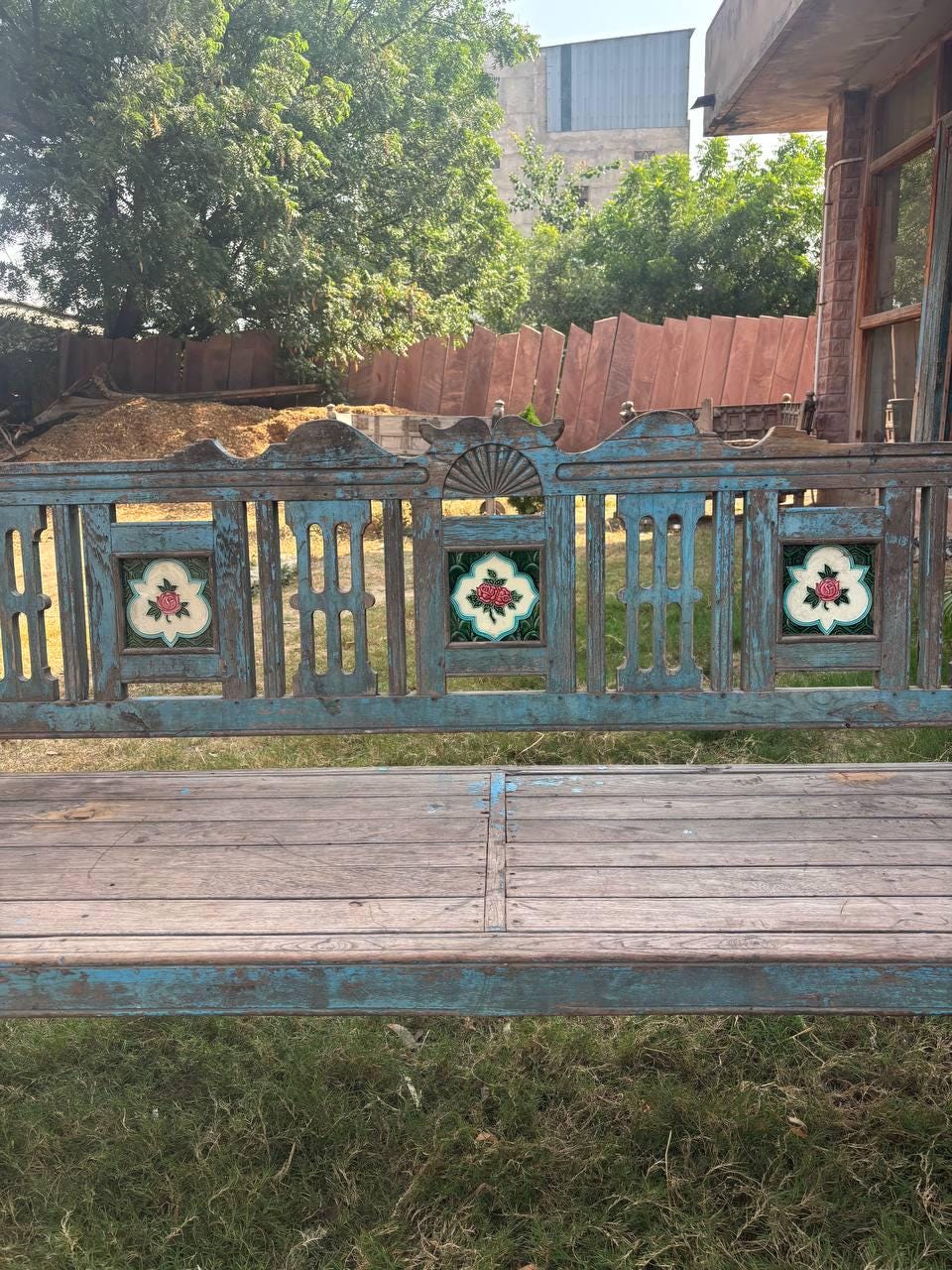 Vintage Hand-Carved Wooden Bench – Rustic Indian Garden Seating