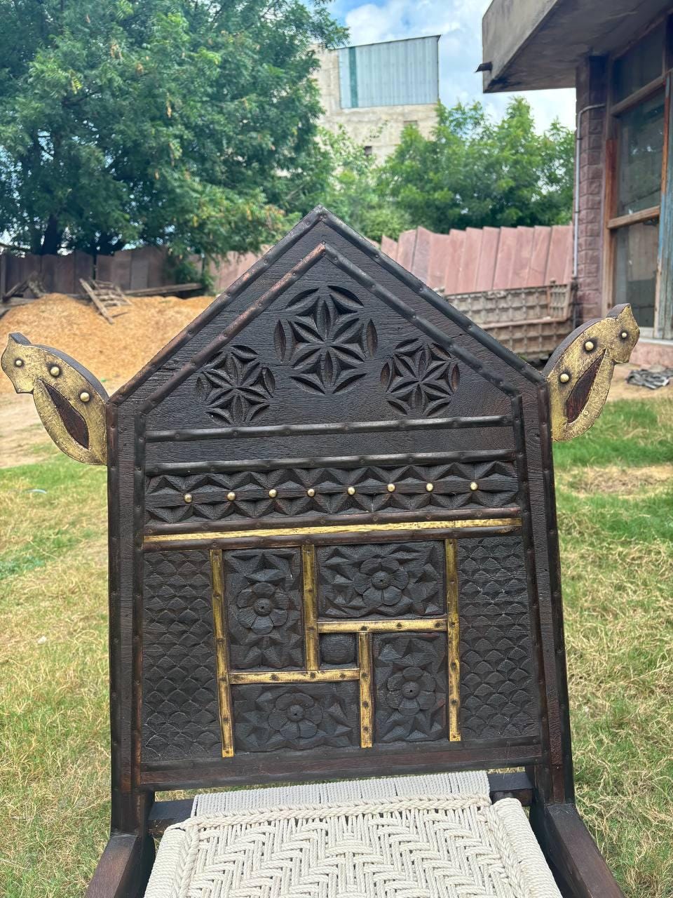 Hand-Carved Teak Tribal Pida Chair: Indian Rajasthan Low Seating