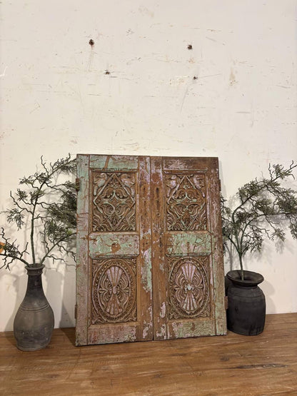 Antique Shekhawati Hand-Carved Window: Rustic Indian Wall Decor