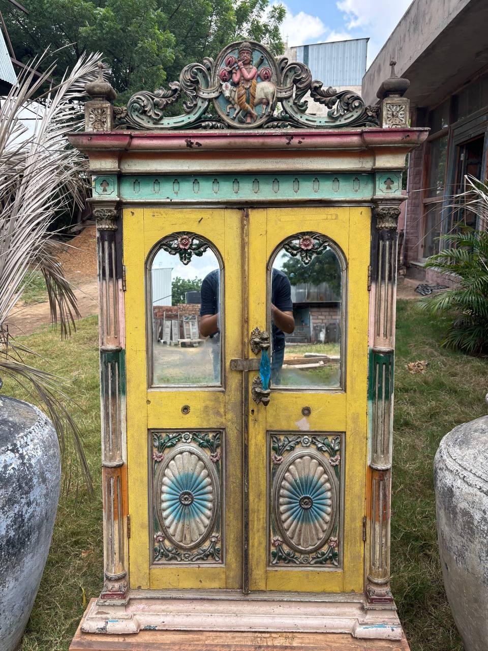 Antique Carved Wood Window: French Colonial Sunflower Panel, Original Glass