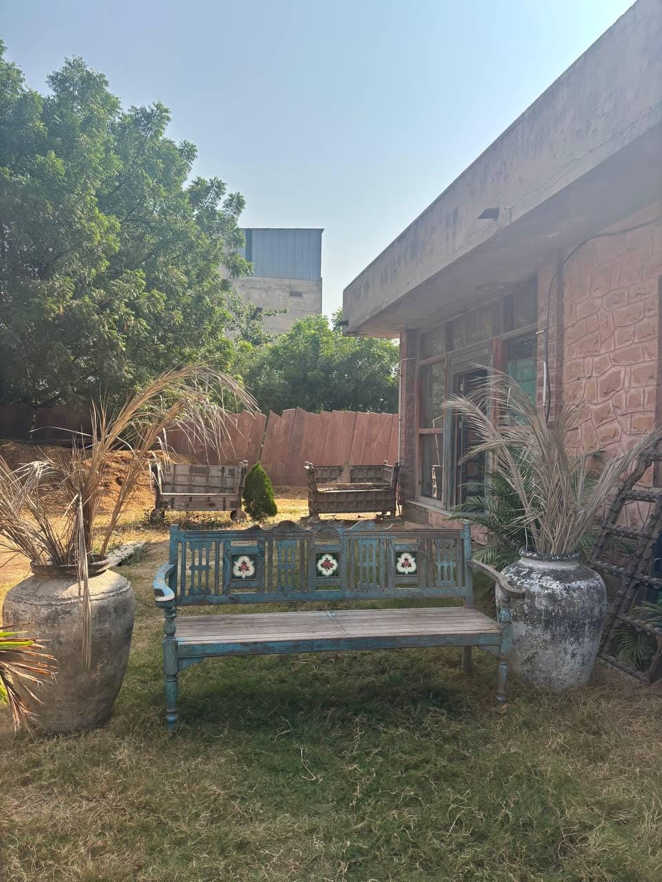 Vintage Hand-Carved Wooden Bench – Rustic Indian Garden Seating