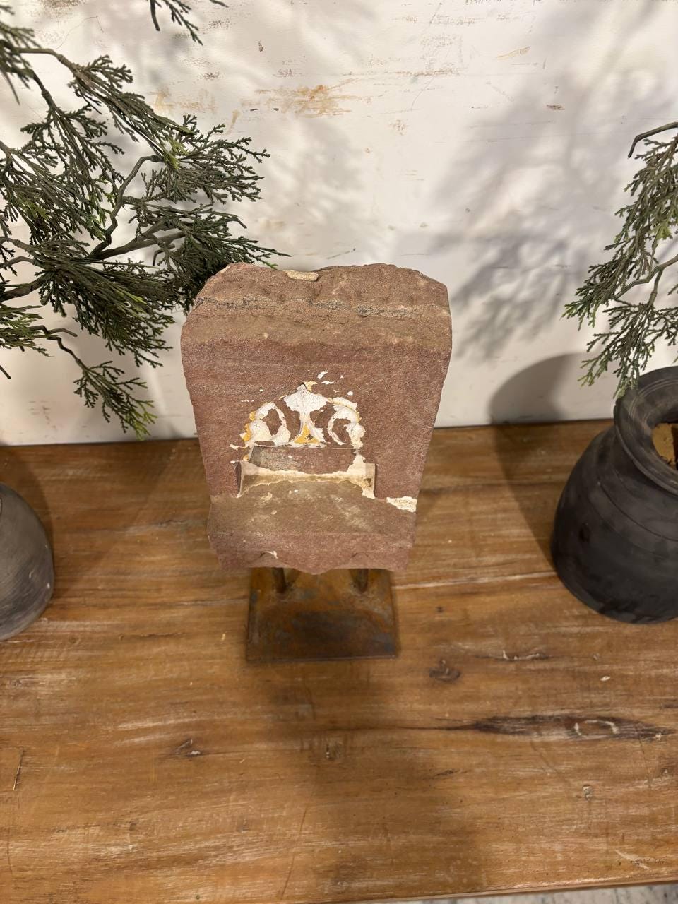 Antique Stone Alcove on Iron Stand: Indian Aala Candle Holder