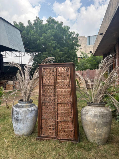 Handcrafted Wooden Almirah – Antique Indian Brass Embossed Wardrobe