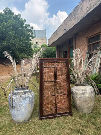 Handcrafted Wooden Almirah: Antique Brass Embossed Indian Cabinet