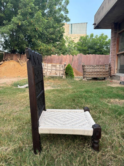 Hand-Carved Teak Low Chair: Rajasthan Tribal Pida with Cotton Rope