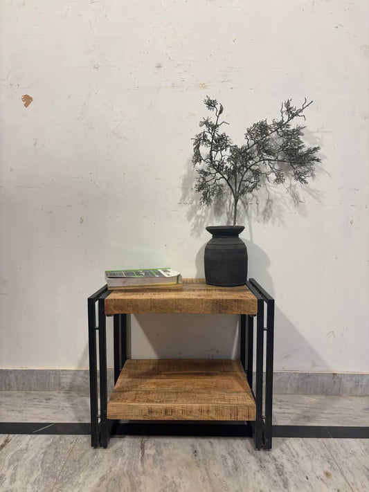 Handcrafted Mango Wood Side Table | Rustic Bedside Cabinet with Shelf