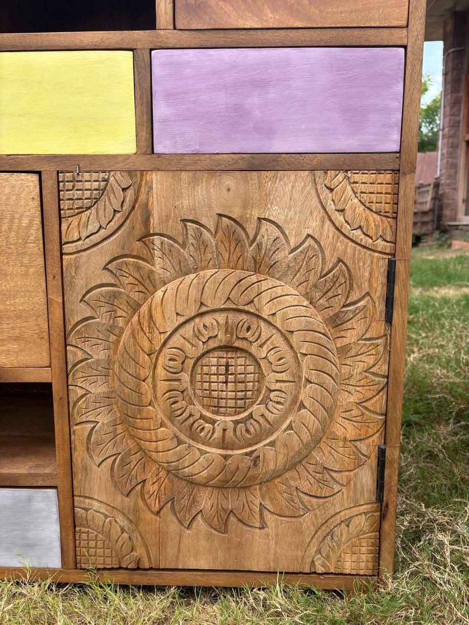 Handcrafted Wooden Storage Cabinet: Eclectic Patchwork Boho Sideboard