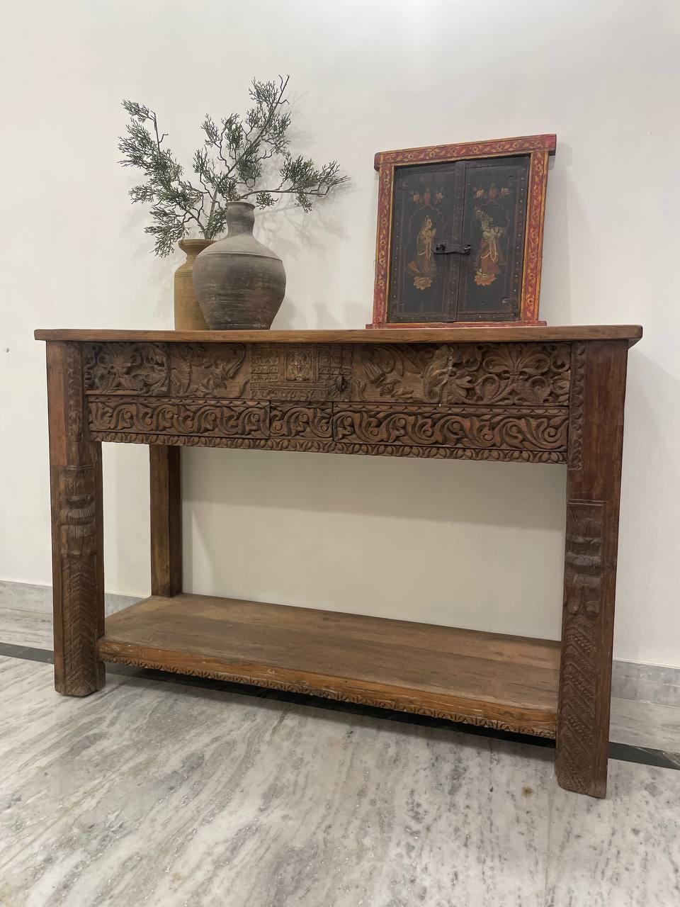 Carved Wood Indian Console Table: Rustic Boho Entryway Decor