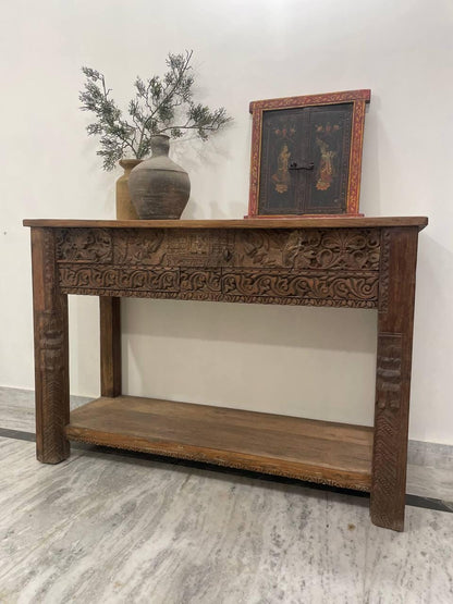 Carved Wood Indian Console Table: Rustic Boho Entryway Decor