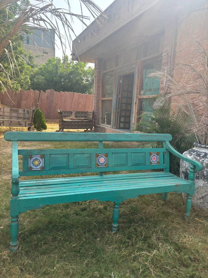 Vintage Hand Carved Wooden Bench – Rustic Indian Floral Garden Seating