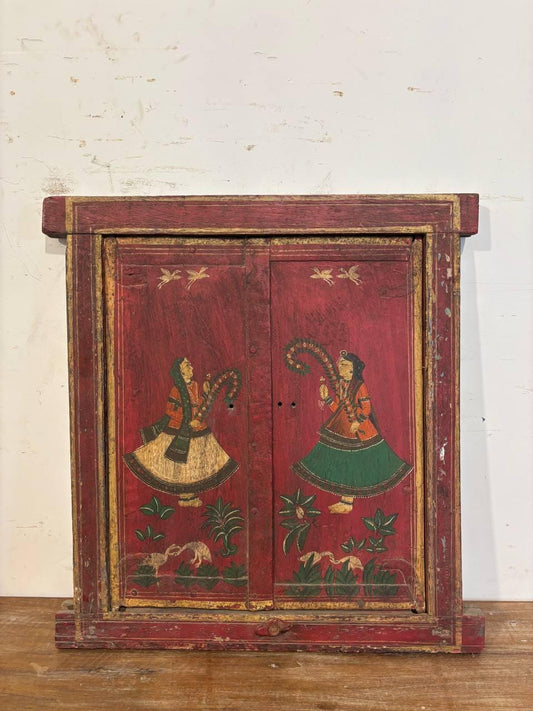 Vintage Hand Painted Indian Wall Decor Window Panel | Rajasthani Folk Art Wall Decor