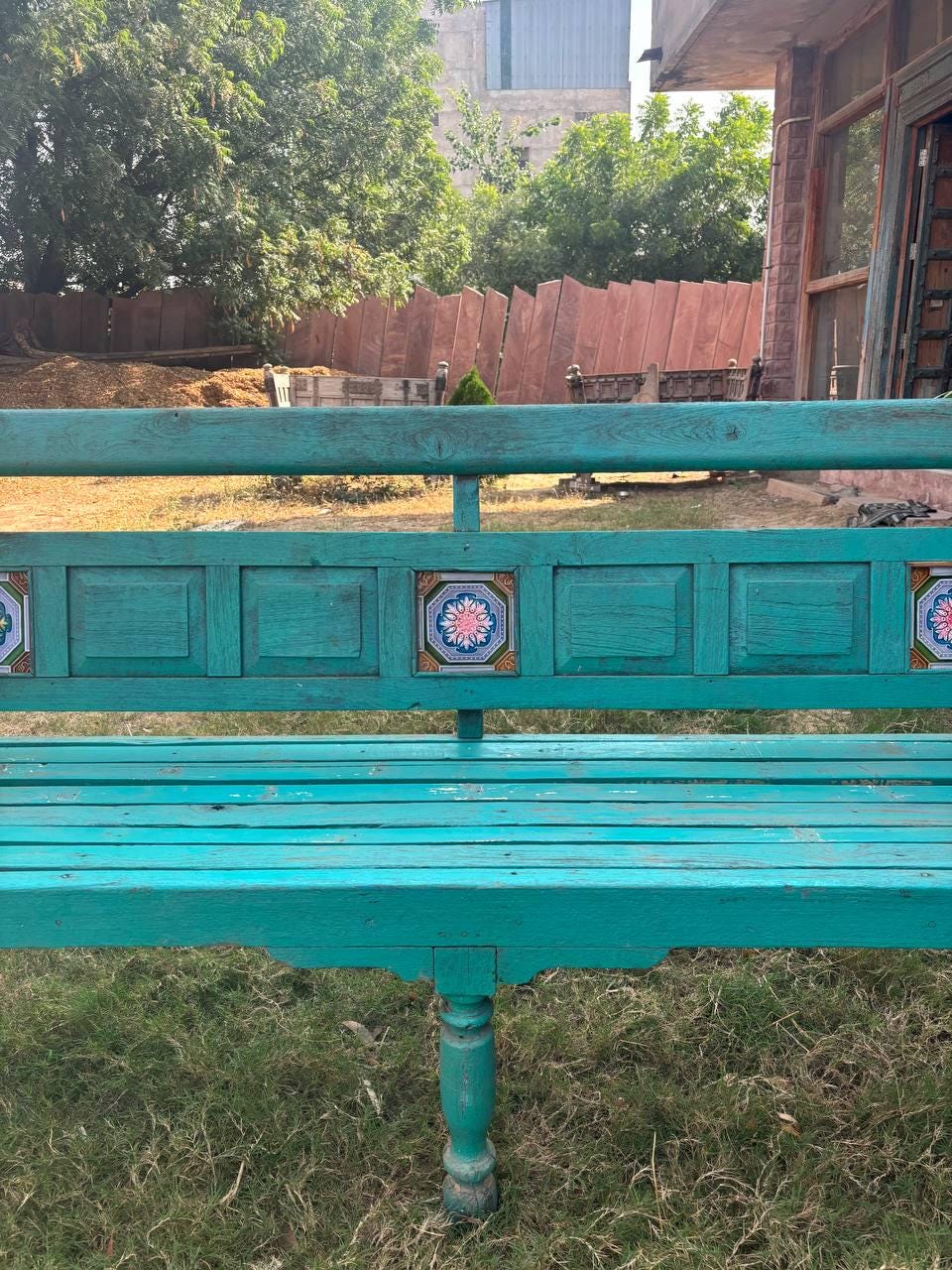 Vintage Hand Carved Wooden Bench – Rustic Indian Floral Garden Seating