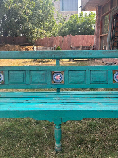 Vintage Hand Carved Wooden Bench – Rustic Indian Floral Garden Seating