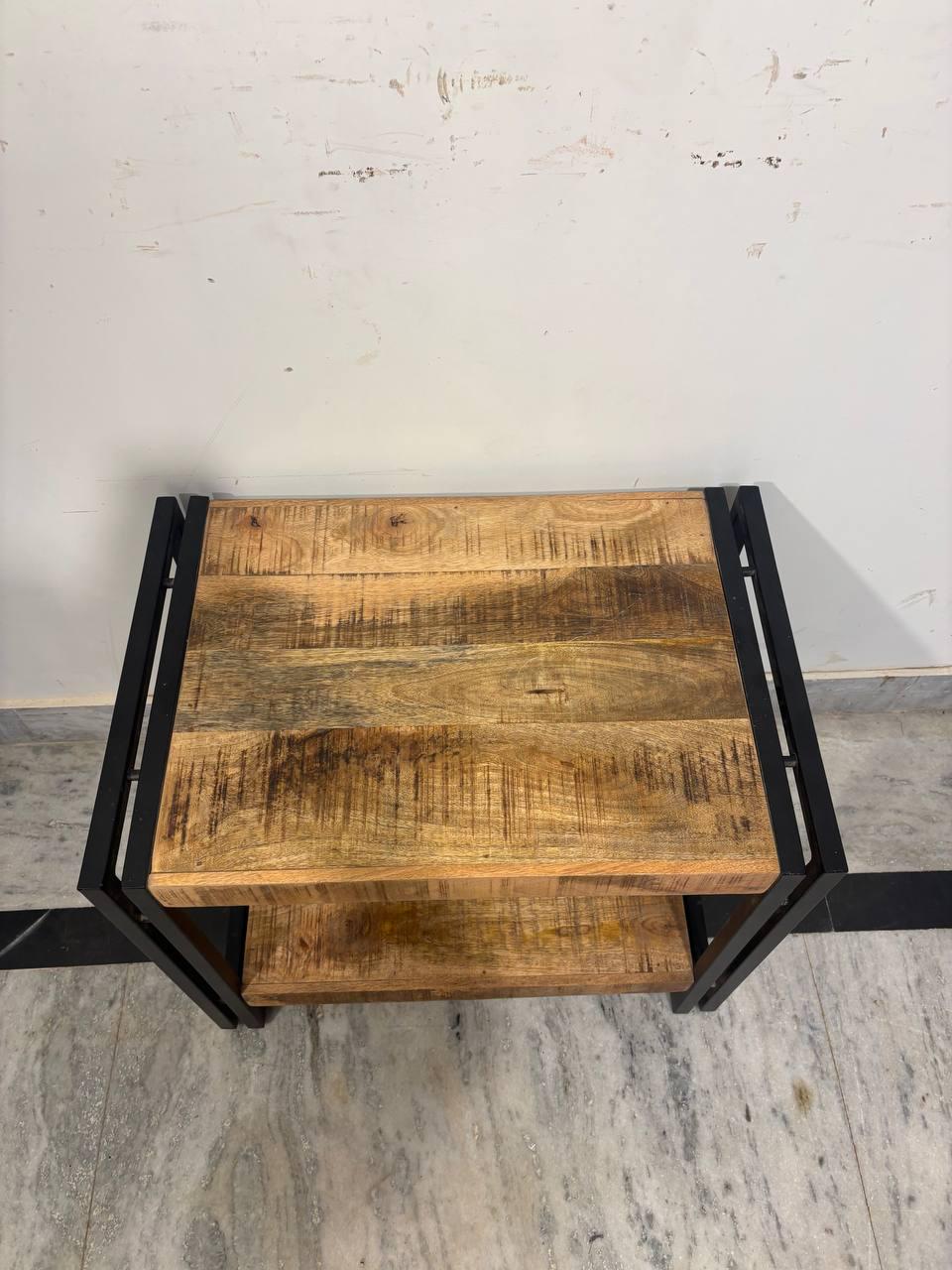 Handcrafted Mango Wood Side Table | Rustic Bedside Cabinet with Shelf