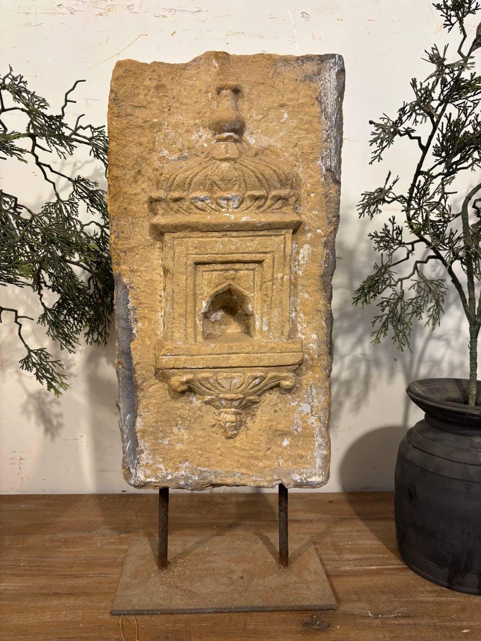 Antique Stone Alcove on Iron Stand: Indian Carved Lintel Candle Holder