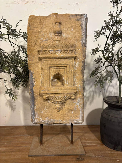 Antique Stone Alcove on Iron Stand: Indian Carved Lintel Candle Holder