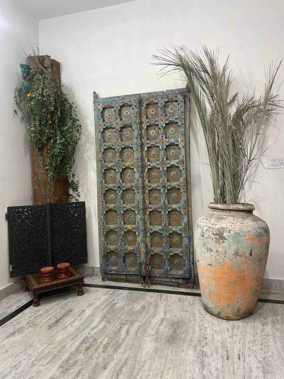 Carved Wooden Indian Doors: Boho Farmhouse Entrance, Antique Finish