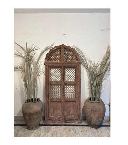Antique Hand-Carved Jali Door Panel: Rustic Indian Teak Arch - 213x98cm