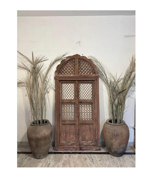 Antique Hand-Carved Jali Door Panel: Rustic Indian Teak Arch - 213x98cm